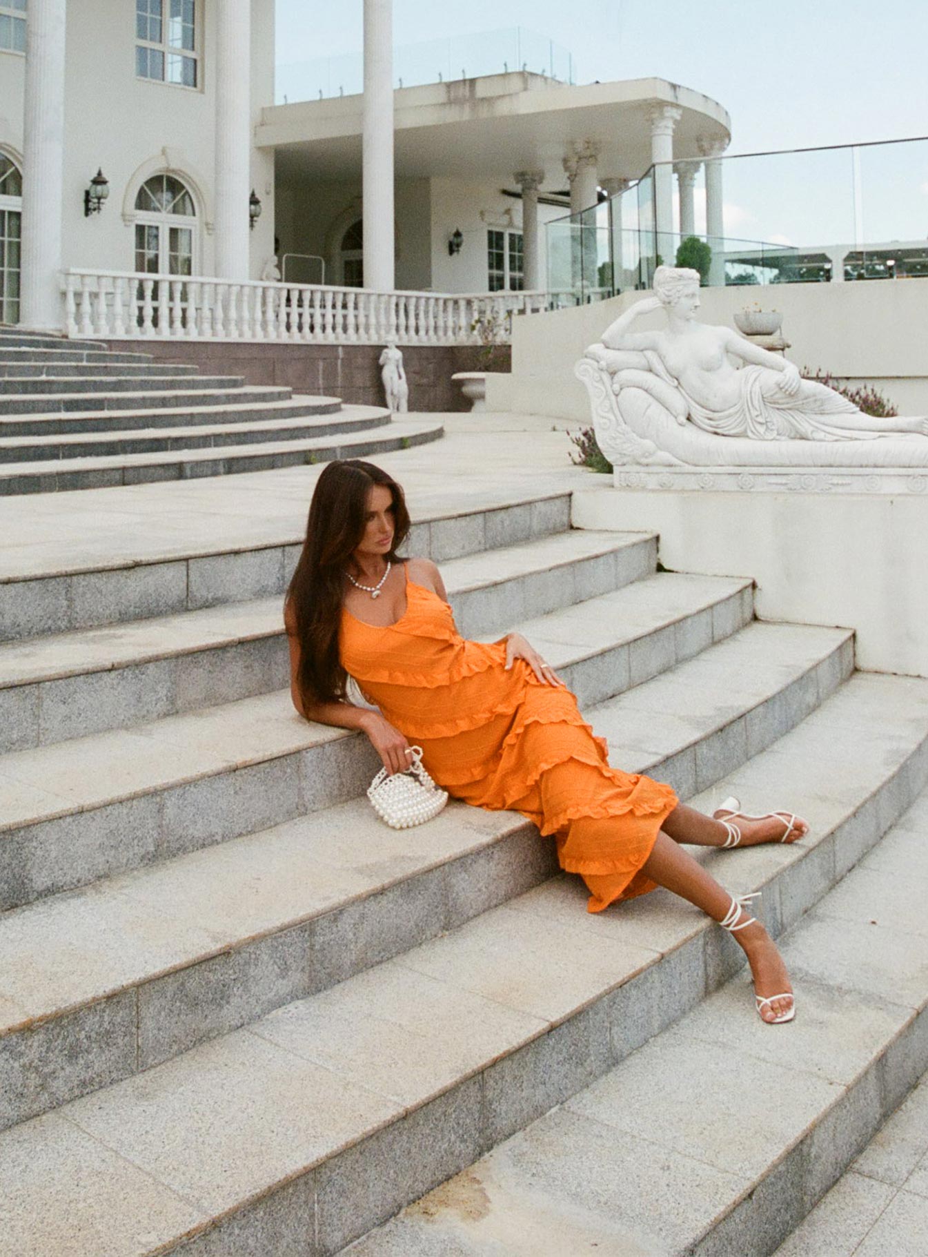 Maxi dress Diagonal stitching design, adjustable shoulder straps, v-neckline, invisible zip fastening Non-stretch, fully lined