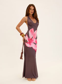 Raleina Halter Cowl Neck Maxi Dress Brown Floral