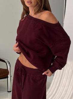 back view of model wearing Princess Polly Wellness Off the Shoulder Jumper Currant cropped Jumpers 