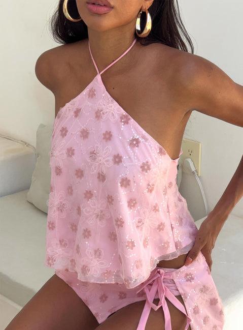 side view of model wearing Princess Polly Remembering Tie Back Top Pink Sleeveless Asymmetric Neckline 