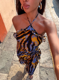 side view of model wearing Princess Polly Virginia Beach Backless Maxi Dress Blue Zebra High Neck 