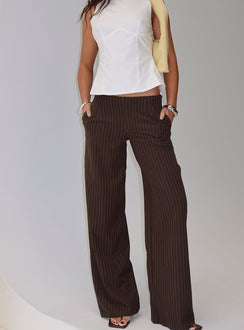 front view of model wearing Princess Polly Khane Low Rise Wide Leg Pant Brown Pinstripe Low Rise Pants 