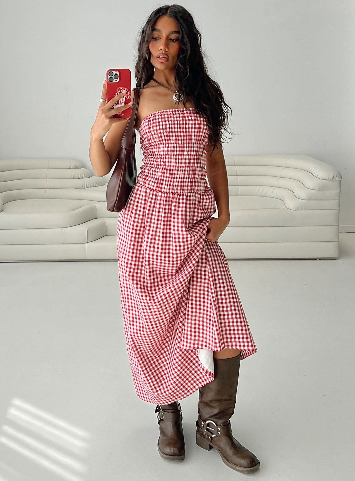 Human Nature Strapless Maxi Dress Red Check