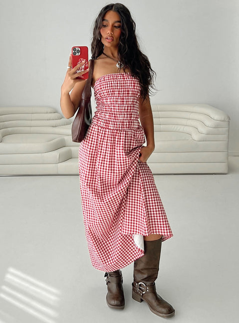 Human Nature Strapless Maxi Dress Red Check