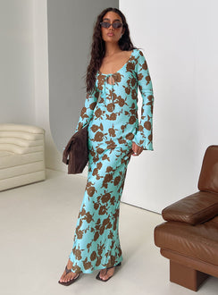 side view of model wearing Princess Polly Elorie Long Sleeve Maxi Dress Blue / Brown Scoop Neck 