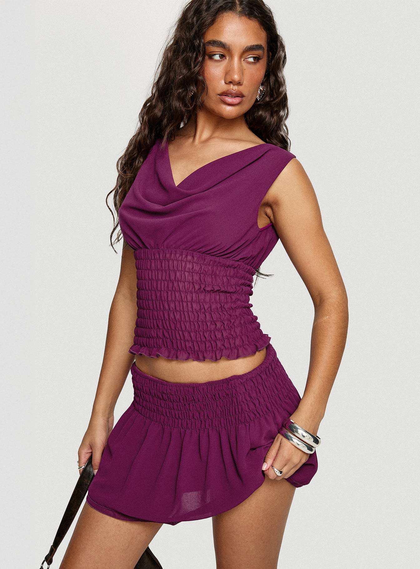   side view of model wearing Princess Polly I Belong Shirred Mini Skirt Wine Mini Skirts Skirts 
