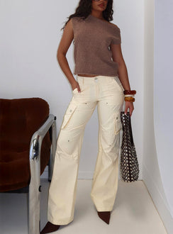 front view of model wearing Princess Polly Remmi Cargo Pants Cream Mid Rise Pants 