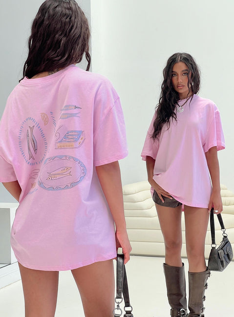 back view of model wearing Princess Polly Sardines Please Oversized Tee Pink Half Sleeves Crew Neck 