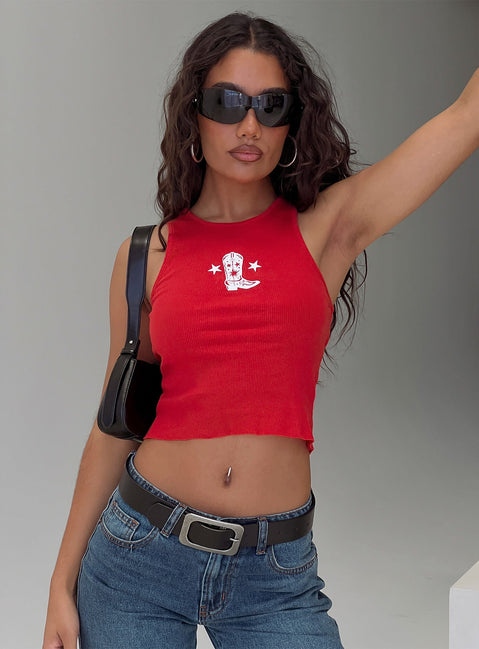 front view of model wearing Princess Polly Boot Scootin Graphic Tank Top Red Sleeveless Crew Neck 