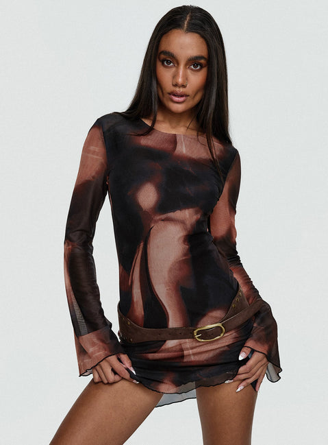 front view of model wearing Princess Polly Nyxia Long Sleeve Mini Dress Multi Scoop Neck 