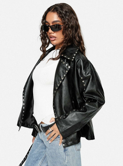 Kaeden Faux Leather Stud Detail Biker Jacket Black