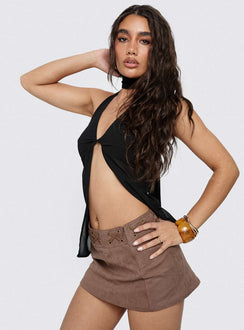   side view of model wearing Princess Polly Jordayna Stud Mini Skirt Brown Mini Skirts 