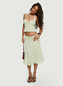   side view of model wearing Princess Polly Aspyn Embroidered Midi Skirt Sage Green Midi Skirts 