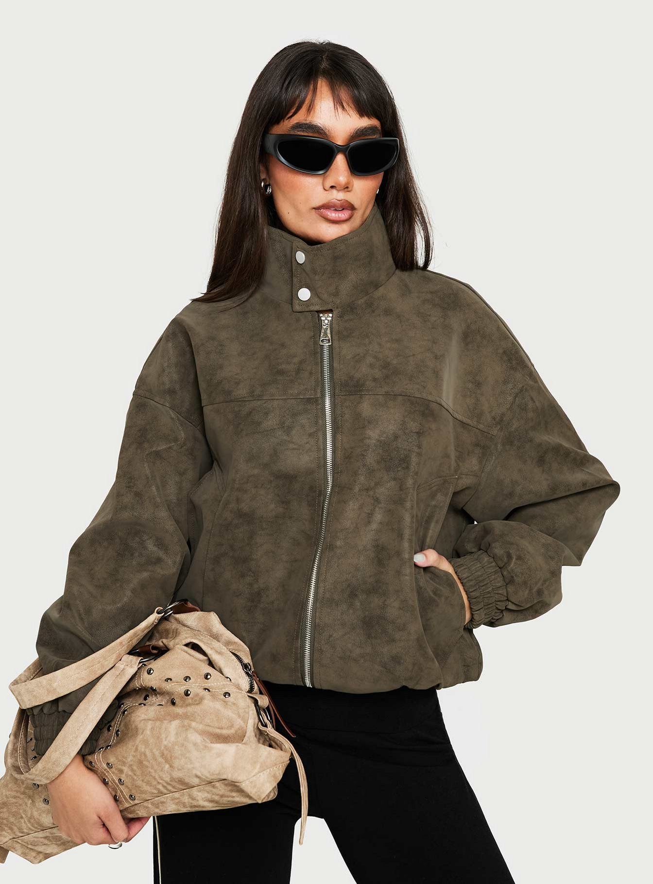 Ellissa Faux Suede Bomber Jacket Khaki