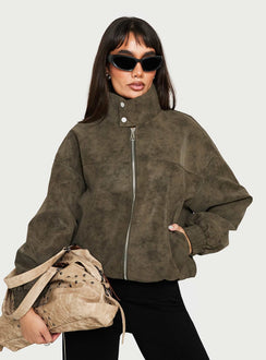 Ellissa Faux Suede Bomber Jacket Khaki