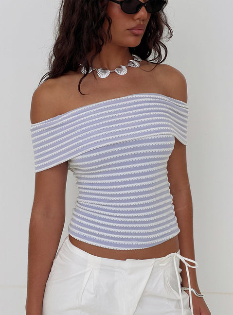 side view of model wearing Princess Polly Ausha Off Shoulder Top Lilac Stripe Short Sleeves straight 