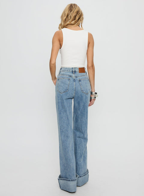 Florida Keys Mid Rise Straight Leg Cuffed Jeans Light Blue Wash