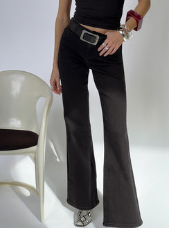 front view of model wearing Princess Polly Magic Mirror Mid Rise Bootleg Jeans Washed Black Mid Rise Jeans 