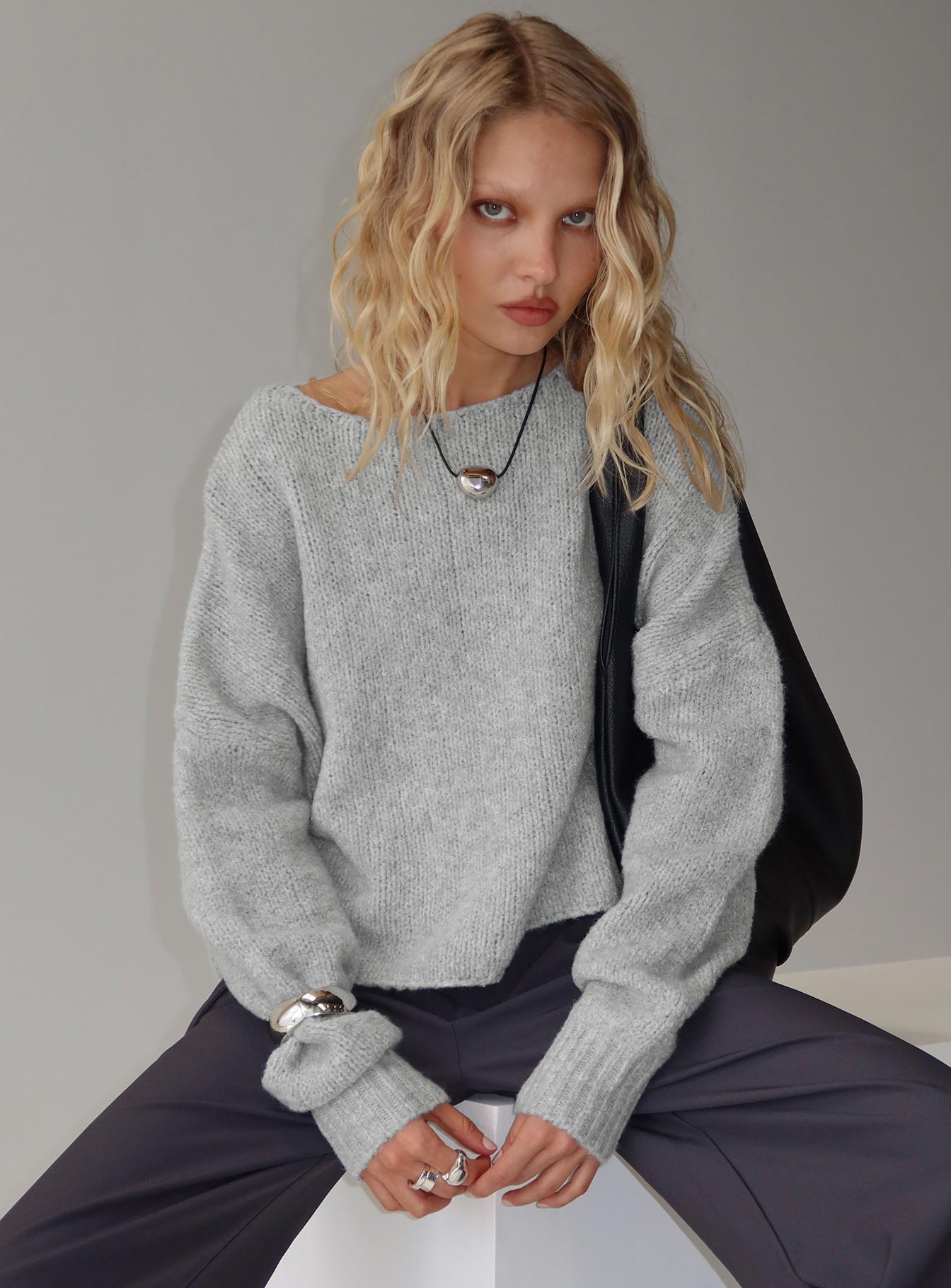 Ramy Wide Neck Knit Sweater Grey