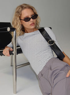 front view of model wearing Princess Polly Here One Moment 3/4 Sleeve Bodysuit Black / White Stripe Half Sleeve 