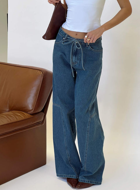 Bruiser Tie Waist Mid Rise Wide Leg Jeans Mid Blue Wash Mid Rise Jeans Jeans 