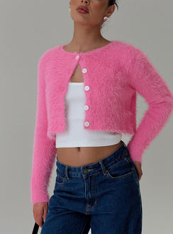 front view of model wearing Princess Polly Just A Girl Cardigan Pink cropped 