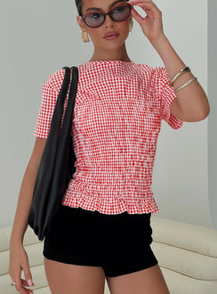 front view of model wearing Princess Polly Maybe Tomorrow Ruched Top Red Check Short Sleeves High Neck 