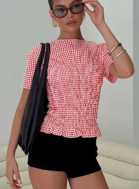 front view of model wearing Princess Polly Maybe Tomorrow Ruched Top Red Check Short Sleeves High Neck 