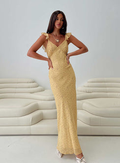 front view of model wearing Princess Polly Dearlie Frill Maxi Dress Multi V-Neck 