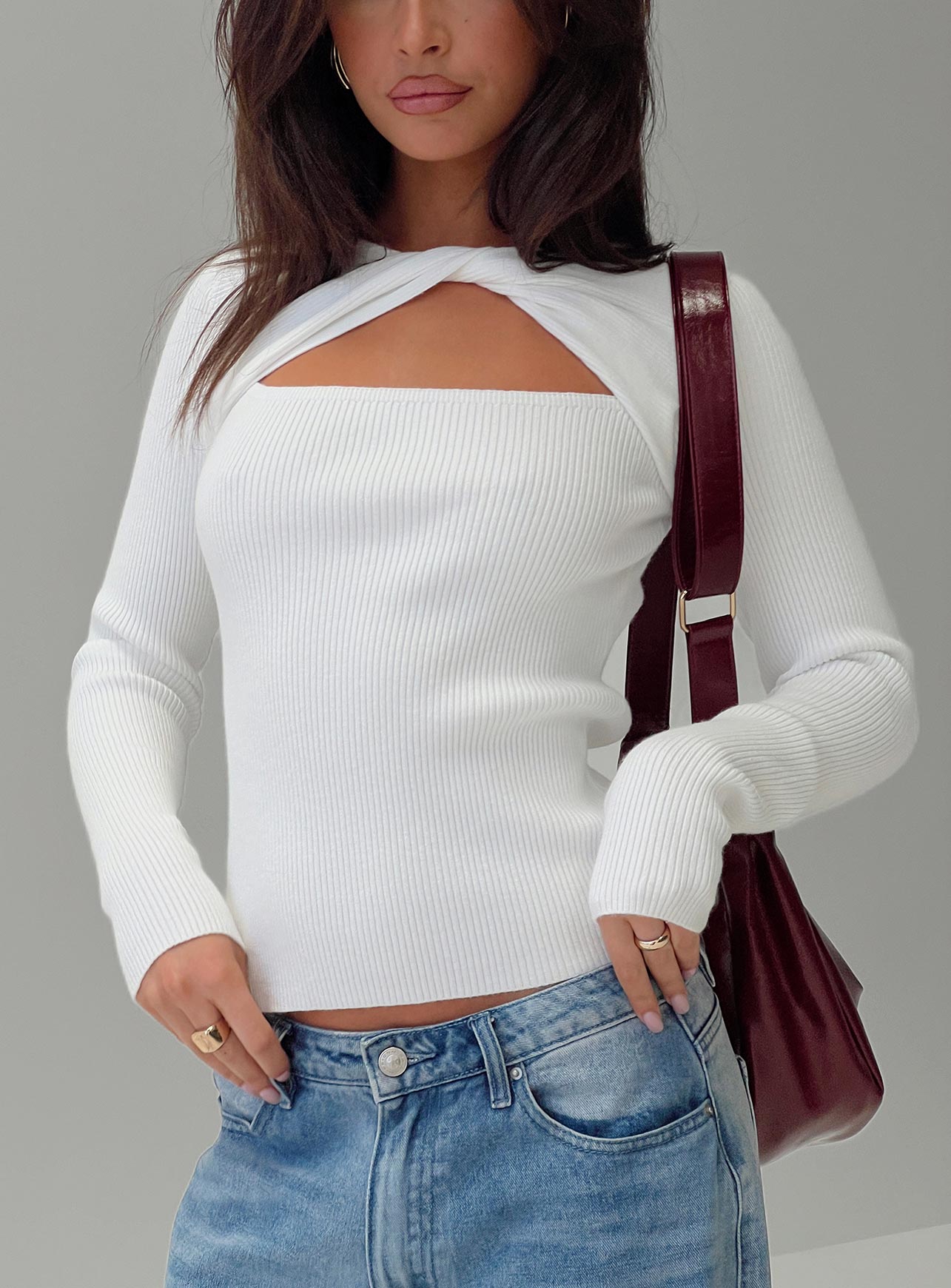 front view of model wearing Princess Polly Malgit Long Sleeve Top White Full Sleeves High Neck 