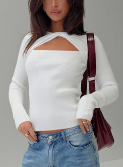 front view of model wearing Princess Polly Malgit Long Sleeve Top White Full Sleeves High Neck 