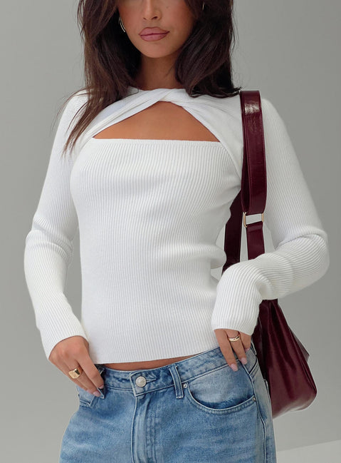front view of model wearing Princess Polly Malgit Long Sleeve Top White Full Sleeves High Neck 