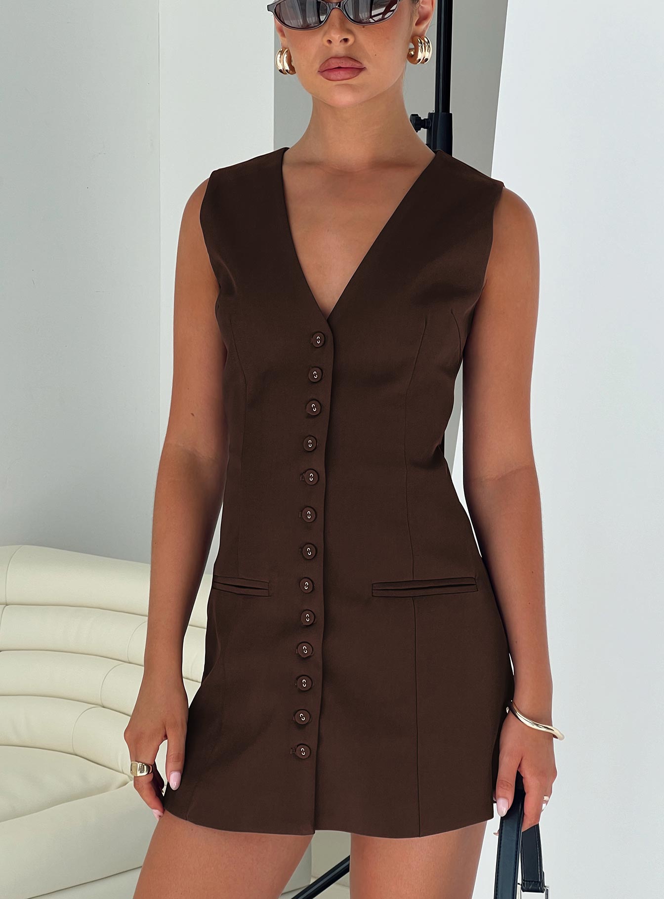front view of model wearing Princess Polly Laire Mini Dress Chocolate V-Neck 