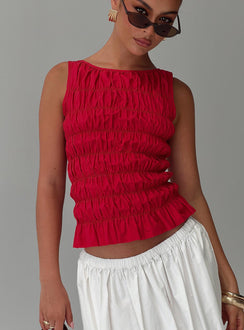 front view of model wearing Princess Polly Marleene Shirred Top Red Sleeveless Crew Neck 