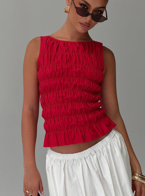 front view of model wearing Princess Polly Marleene Shirred Top Red Sleeveless Crew Neck 