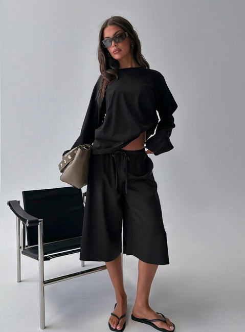 Ammeliah Satin Tie Waist Longline Shorts Black