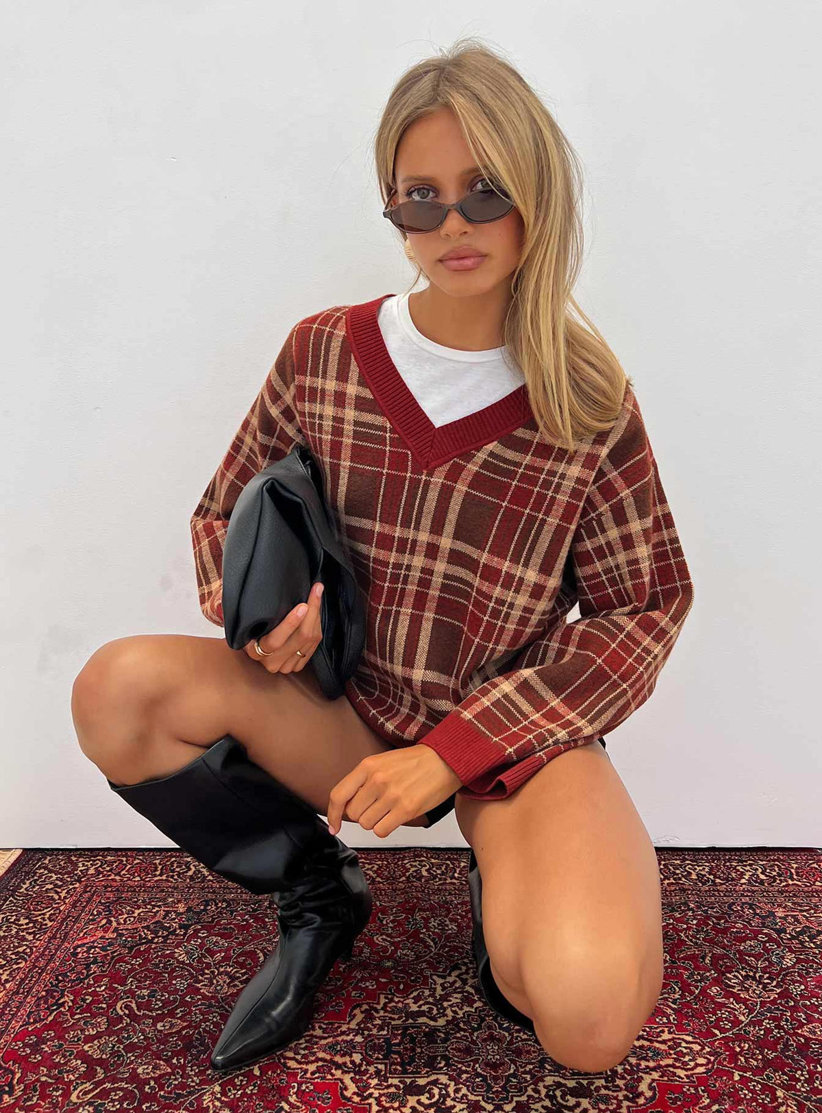 back view of model wearing Princess Polly Sydda V Neck Knit Sweater Red Plaid Cropped Jumpers Jumpers 