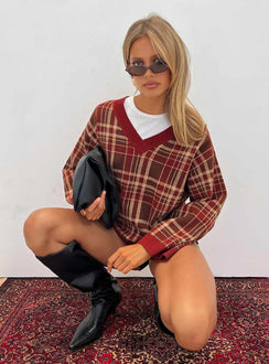 back view of model wearing Princess Polly Sydda V Neck Knit Sweater Red Plaid Cropped Jumpers Jumpers 