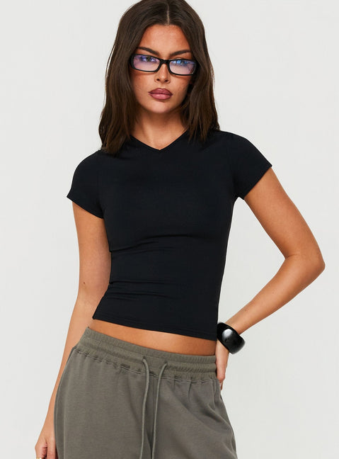 Daily Define High V Neck Short Sleeve Top Black