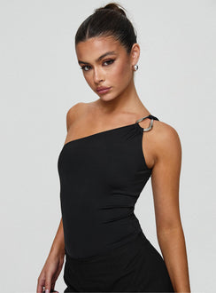side view of model wearing Princess Polly Talija One Shoulder Bodysuit Black Tall Sleeveless Bodysuit 