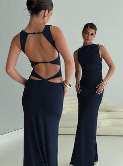 back view of model wearing Princess Polly Undeniable Cut Out Maxi Dress Navy High Neck 