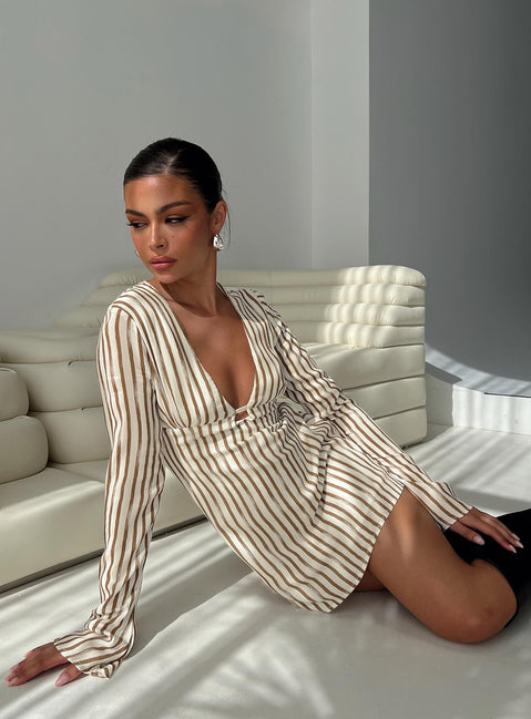 side view of model wearing Princess Polly The Good Life Mini Dress Brown / White Stripe Plunger 