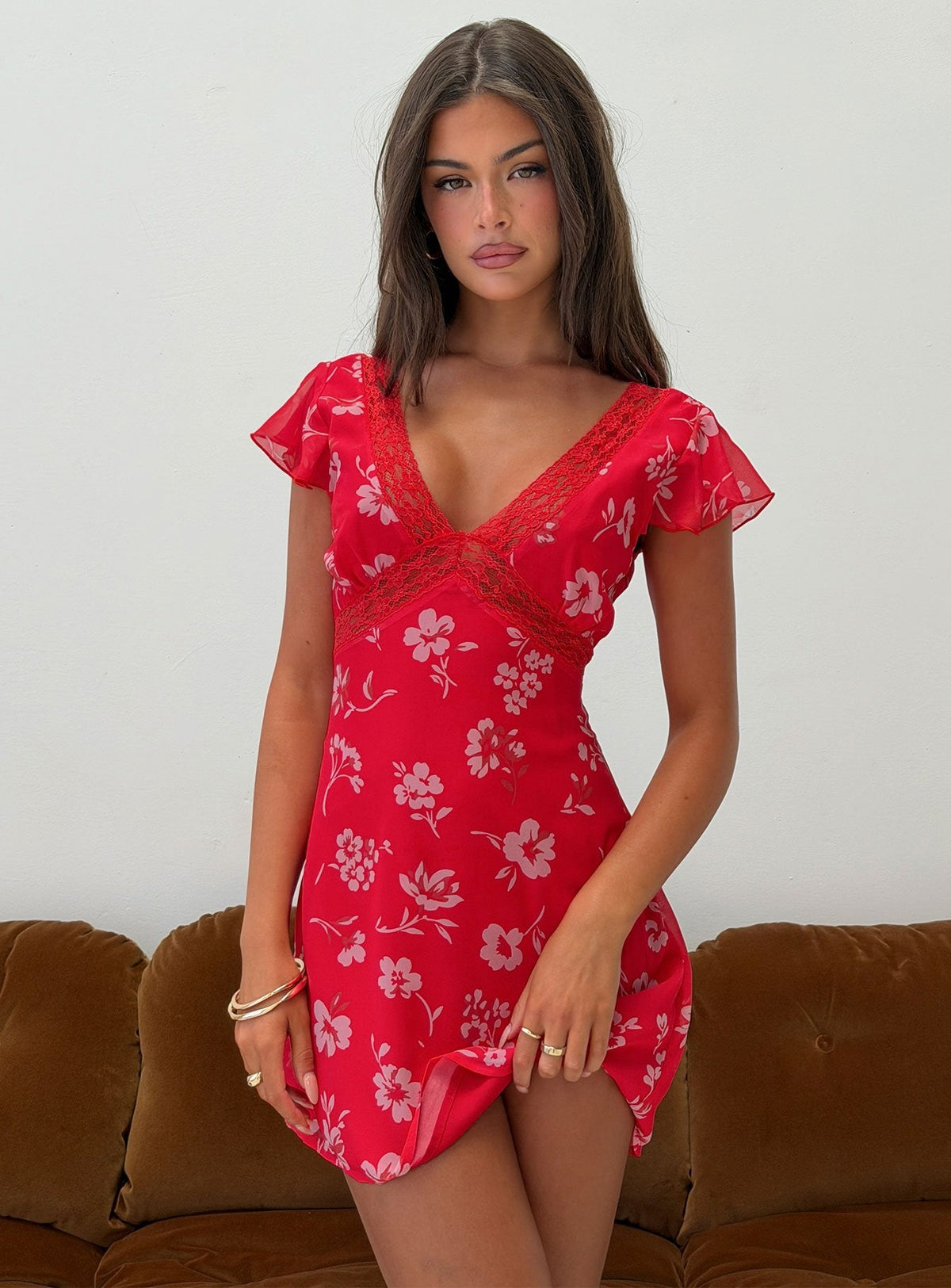 Arvexa Lace Trim Mini Dress Red Floral