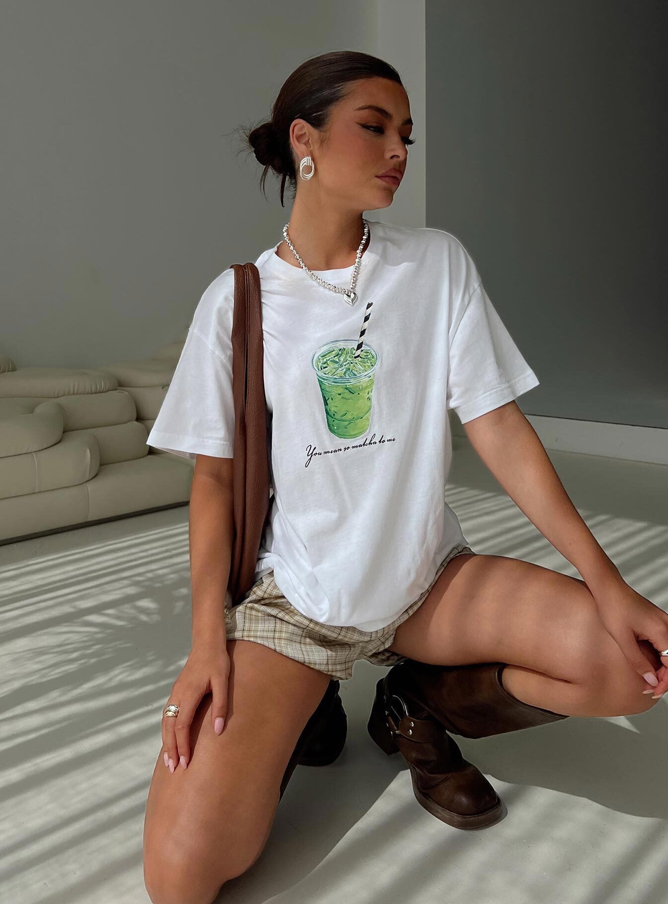 front view of model wearing Princess Polly Love You So Matcha Graphic Top White Half Sleeves Crew Neck 