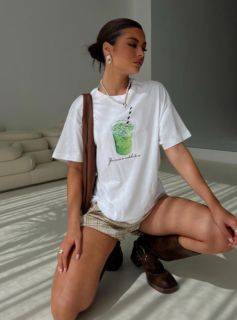 front view of model wearing Princess Polly Love You So Matcha Graphic Top White Half Sleeves Crew Neck 
