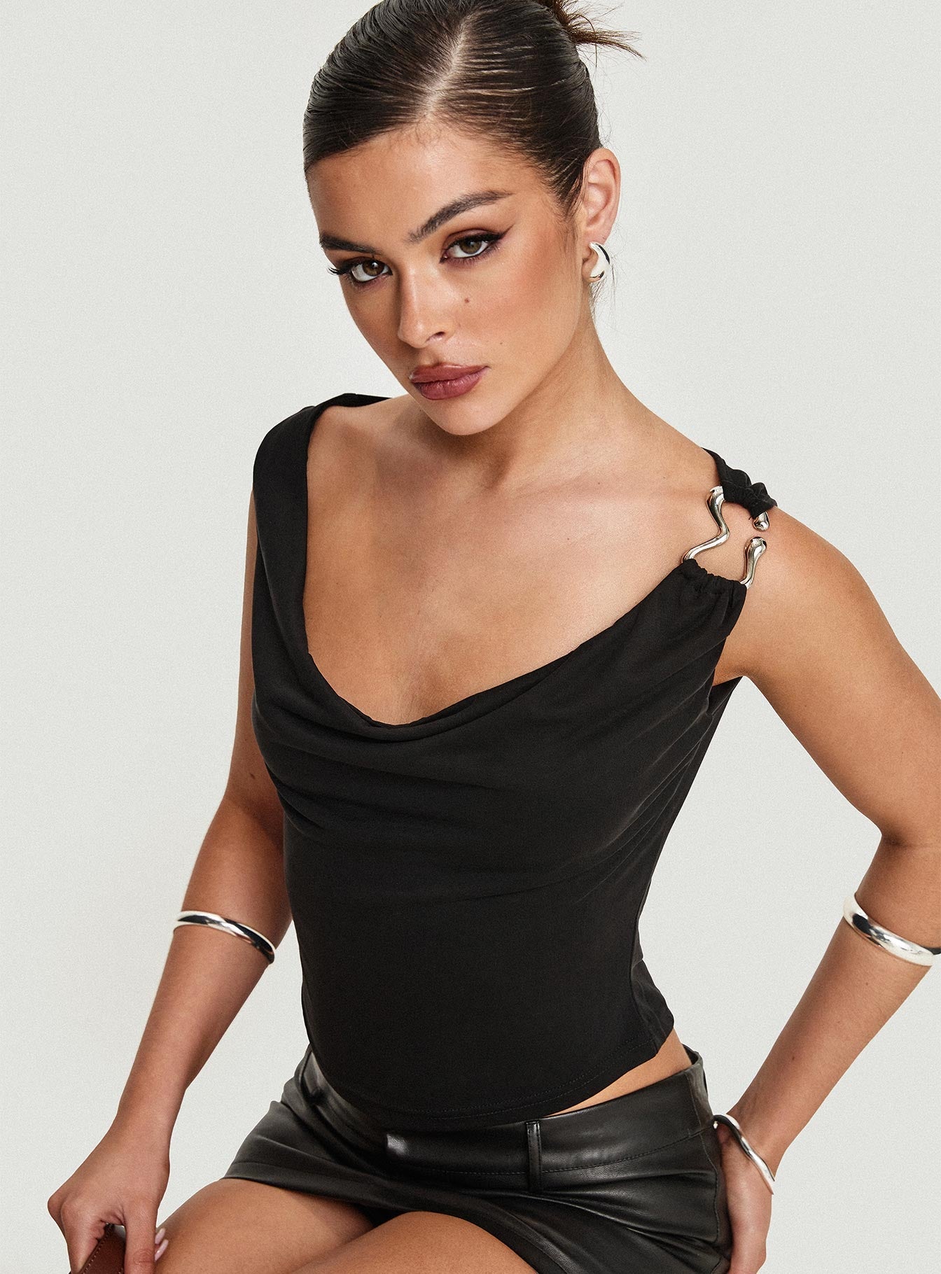 front view of model wearing Princess Polly Quincey Cowl Neck Top Black Sleeveless Cowl 