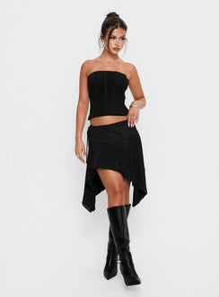   front view of model wearing Princess Polly Hevenna Asymmetrical Plisse Mini Skirt Black Diamante Mini Skirts 
