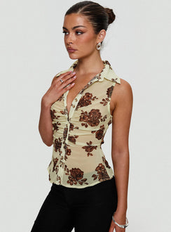 side view of model wearing Princess Polly Present Tense Sheer Ruched Top Yellow Floral Sleeveless V-Neck 