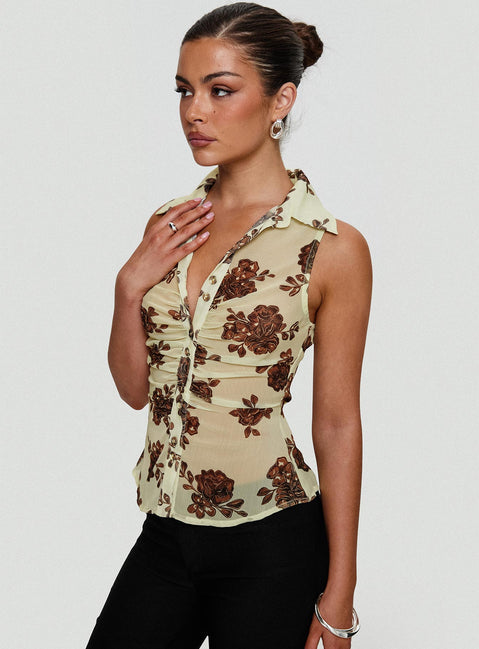 side view of model wearing Princess Polly Present Tense Sheer Ruched Top Yellow Floral Sleeveless V-Neck 
