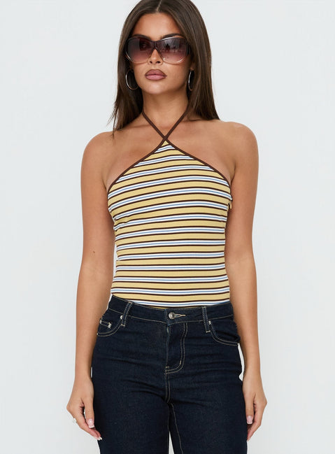 Showcasing the Aethoria Arrowneck Bodysuit Multi Stripe womens bodysuit with sleeveless design front view of model wearing Princess Polly